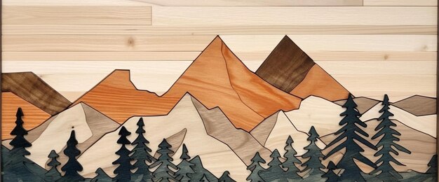 Les montagnes et les arbres sont peints sur un panneau de bois génératif ai