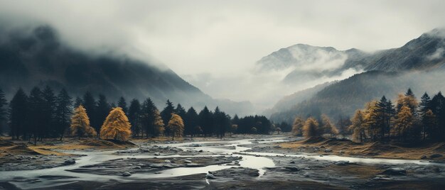 Montagnes d'automne effrayantes couvertes de brouillard créant une atmosphère mystérieuse et inquiétante