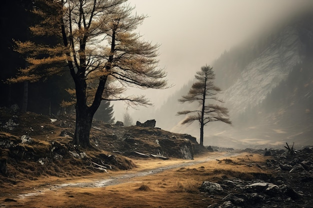 Montagnes d'automne effrayantes couvertes de brouillard créant une atmosphère mystérieuse et inquiétante