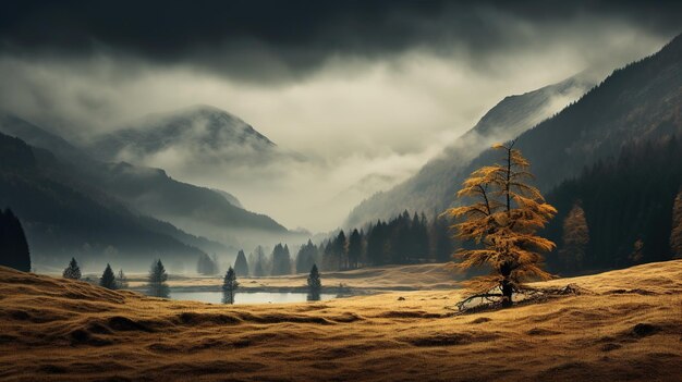 Montagnes d'automne effrayantes couvertes de brouillard créant une atmosphère mystérieuse et inquiétante