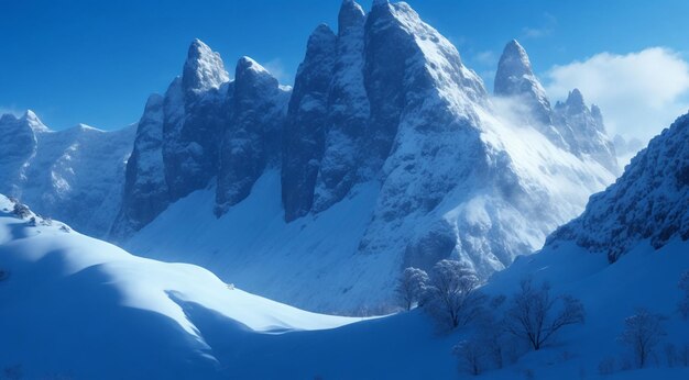 Photo des montagnes bleues et enneigées le matin