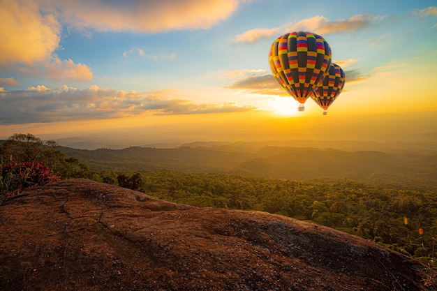 montagnes et ciel avec des ballonsMontgolfières avec paysage montagne