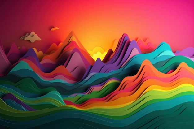 Montagnes colorées au coucher du soleil avec un fond coloré