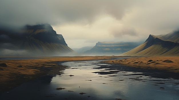 Des montagnes contemplatives surplombant un lit sombre d'une rivière au crépuscule