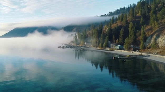 Les montagnes et la côte du lac Baikal sont obscurcies par le brouillard Le lac Baikal en Sibérie, en Russie, est un paysage magnifique en avril.