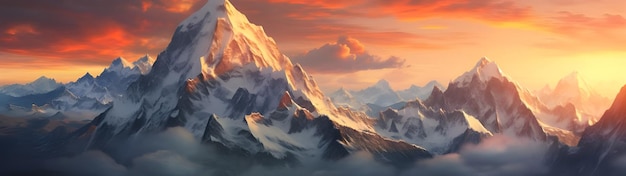 Des montagnes couvertes de neige au coucher du soleil Ai généré