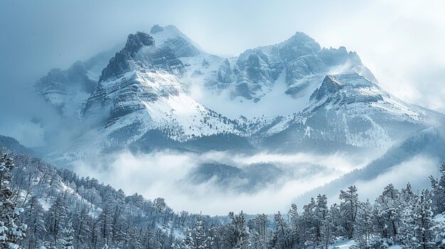 Photo des montagnes couvertes de neige sur un ciel gris