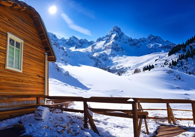 Photo des montagnes couvertes de neige, une maison en bois dans les montagnes d'hiver.