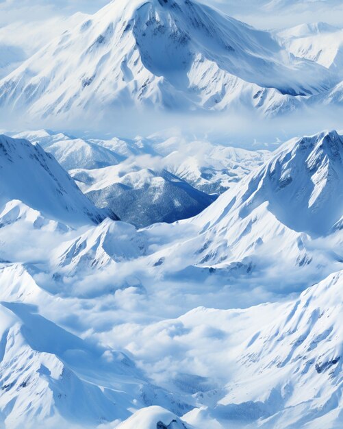 montagnes couvertes de neige et de nuages avec un ciel bleu ai génératif
