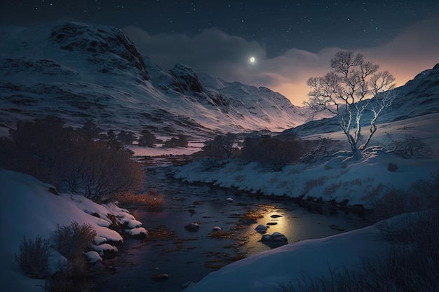 montagnes couvertes de neige avec une rivière la nuit