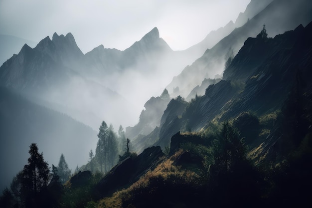 Des montagnes dans le brouillard, image générée par l'IA