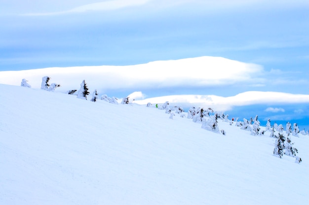 montagnes dans la neige sur fond de nuages en hiver