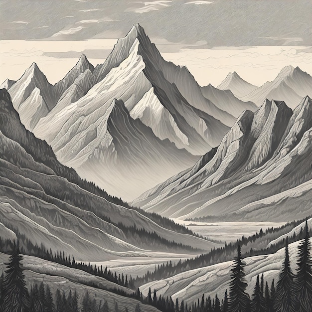 Des montagnes dans le style du réalisme en graphite