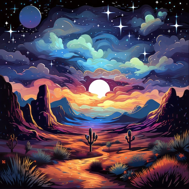 Montagnes du désert Artistique surréaliste Aura mystérieuse Paysage de ciel étoilé