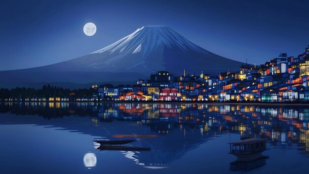 Photo les montagnes du fuji et la ville de fujikawaguchiko la nuit au japon