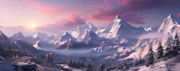 Des montagnes enneigées avec un ciel rose