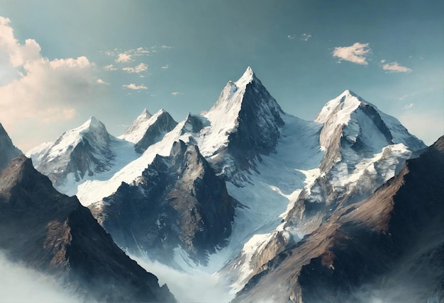 Des montagnes enneigées dans les nuages en arrière-plan 3D