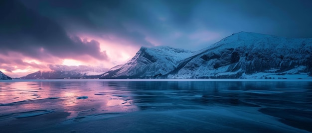 Montagnes enneigées en hiver près du lac sous un ciel sombre au lever du soleil