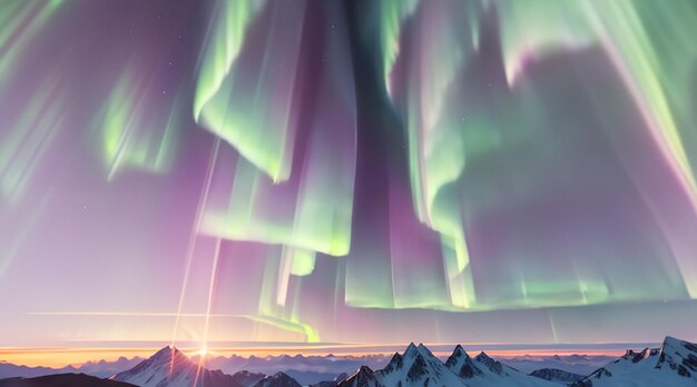 Montagnes enneigées majestueuses et ciel d'aurores colorées