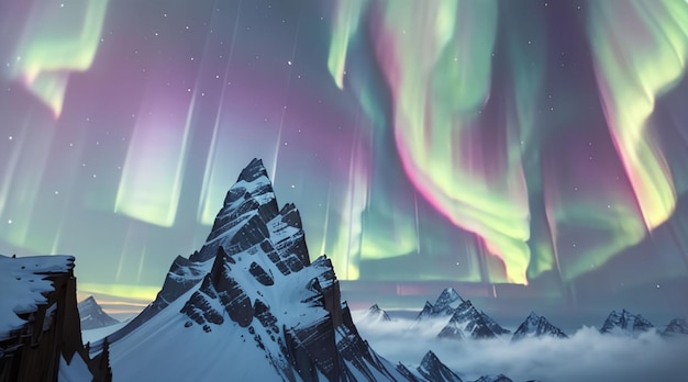 Montagnes enneigées majestueuses et ciel d'aurores colorées