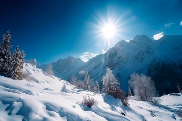 Montagnes enneigées paysage neige sur les sommets du mont ciel bleu ai générative