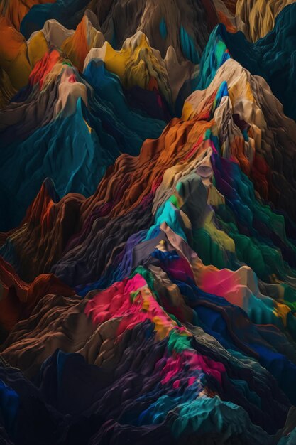 Des montagnes fantaisistes colorées avec des rochers et des nuages.