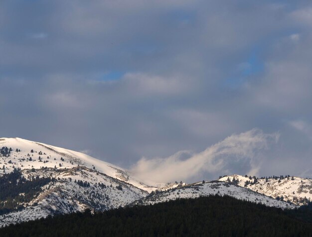 Montagnes et forêt avec de la neige sur fond de nuages sur l'île en Grèce