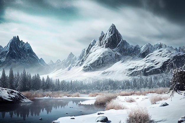 Montagnes d'hiver et lac par une journée ensoleillée illustration 3d AI générative