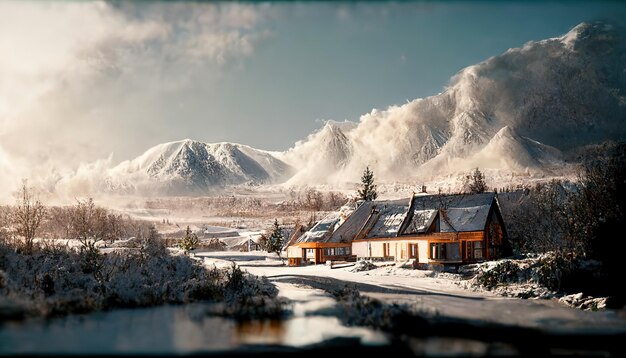 Montagnes d'hiver par une journée ensoleillée maisons rurales au pied des montagnes couverture de neige au sol