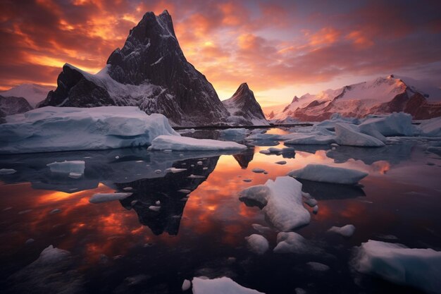 Les montagnes et les icebergs se reflètent dans une nature morte photo générative ai