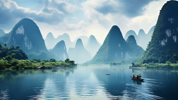Les montagnes karstiques calcaires de Guilin, la rivière Li, créées avec une technologie d'intelligence artificielle générative.