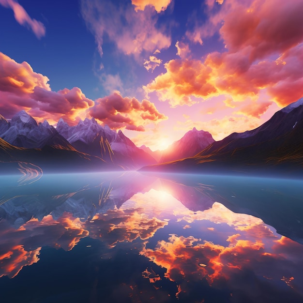 Montagnes et lac au coucher du soleil