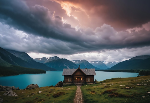 Photo des montagnes et un lac avec une cabane