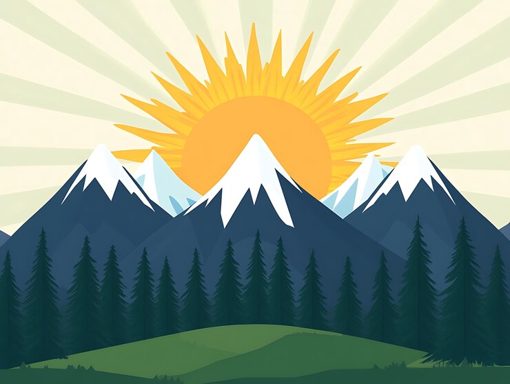Photo des montagnes majestueuses au lever du soleil au-dessus de la forêt à feuilles persistantes