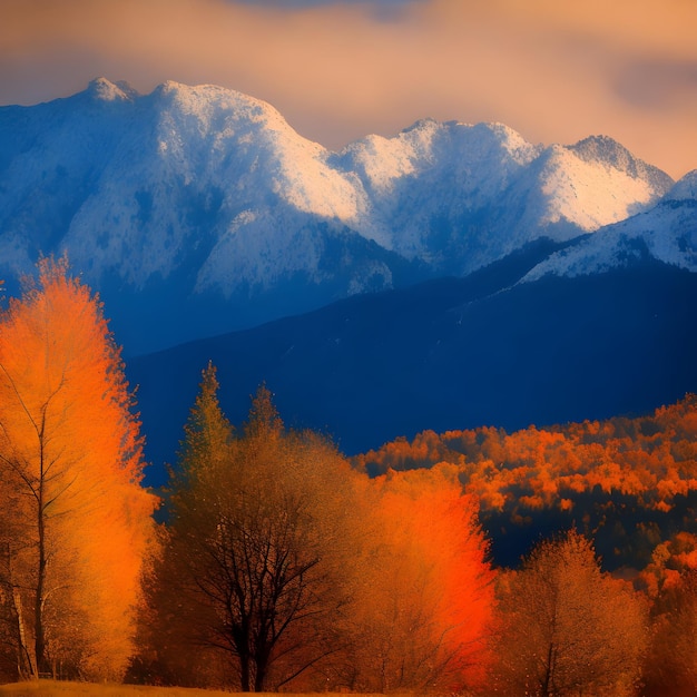 Montagnes majestueuses en automne, sommets saupoudrés de neige précoce avec les couleurs ardentes de l'automne Ai gen