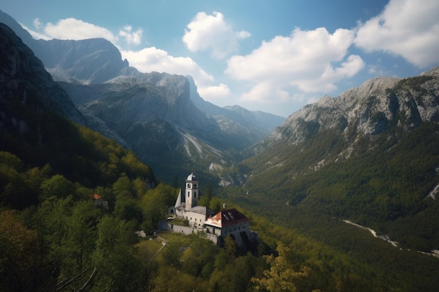 Montagnes majestueuses avec chapelle et vue sur la vallée ci-dessous créées avec une IA générative