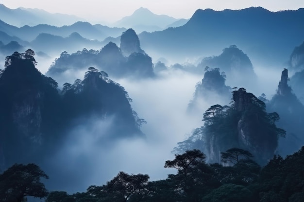Montagnes majestueuses dans la brume Belle image d'illustration AI générative