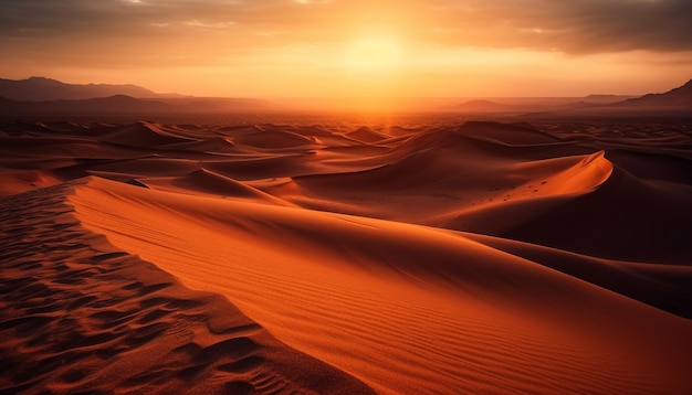 Montagnes majestueuses de dunes de sable ondulées au coucher du soleil générées par l'IA