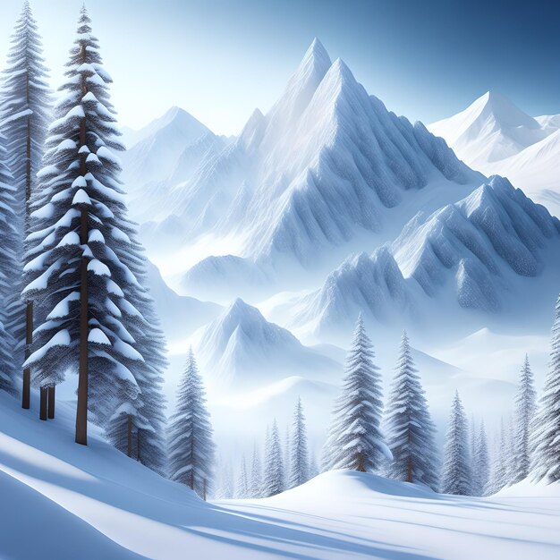 Des montagnes majestueuses enneigées, des pins blancs, du papier peint.
