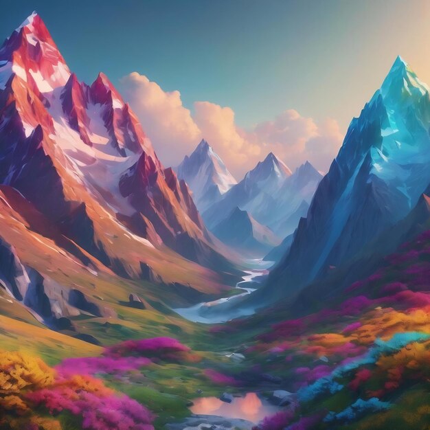 Des montagnes mignons colorées dessin d'arrière-plan illustré en 3D