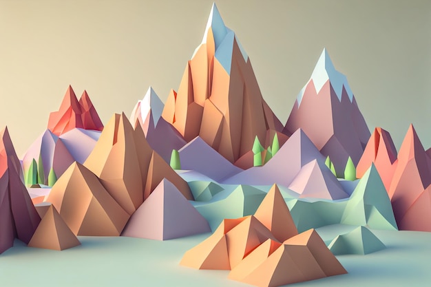 Montagnes minimalistes colorées 3d aux couleurs pastel AI générative