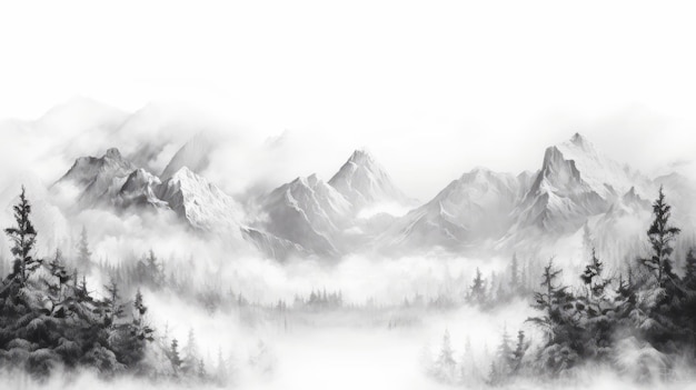 Montagnes noires et blanches et illustration de paysage de brouillard