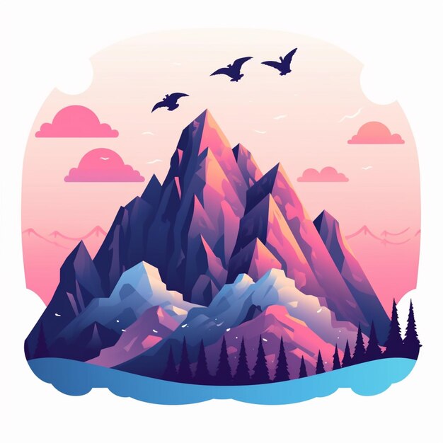 montagnes et oiseaux volant au-dessus d'une chaîne de montagnes avec un ciel rose génératif ai