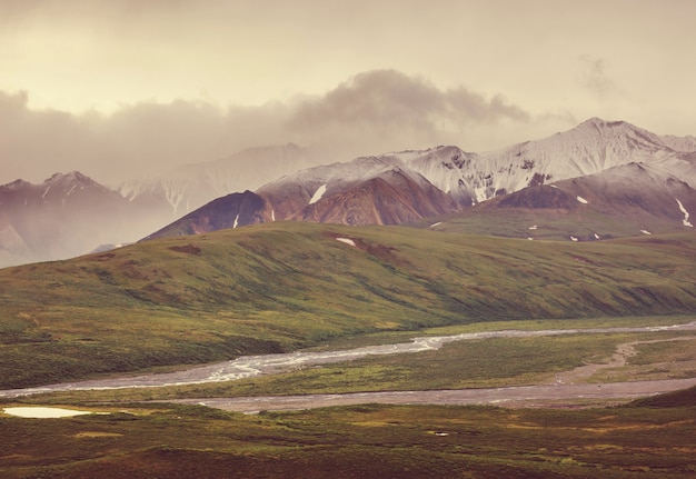 Montagnes pittoresques de l'Alaska en été. Massifs enneigés, glaciers et pics rocheux.