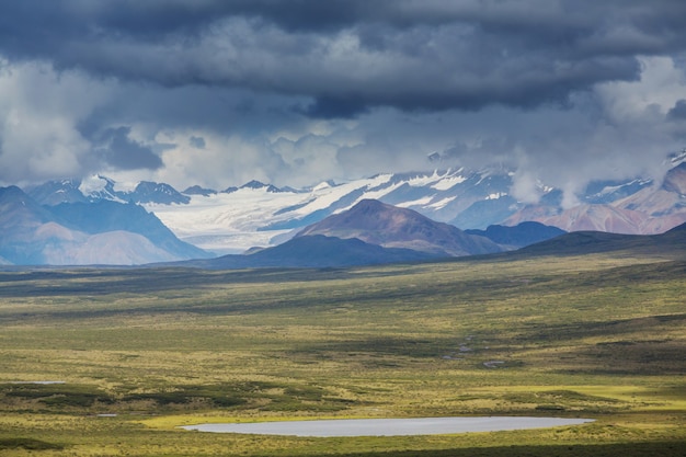 Montagnes pittoresques de l'Alaska en été. Massifs enneigés, glaciers et pics rocheux.