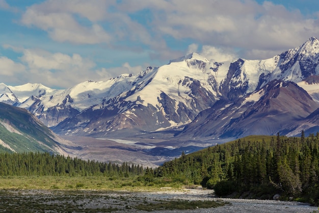 Montagnes pittoresques de l'Alaska en été. Massifs enneigés, glaciers et pics rocheux.