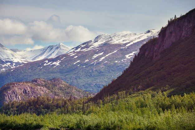 Montagnes pittoresques de l'Alaska en été. Massifs enneigés, glaciers et pics rocheux.