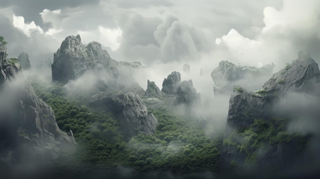 Montagnes pittoresques du paysage karstique éthéré avec des nuages blancs