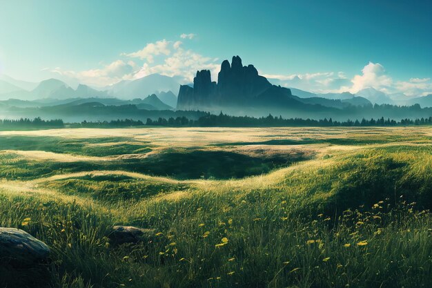 Montagnes de prairie verte d'été à l'horizon ciel bleu avec des nuages blancs moelleux illustration 3d