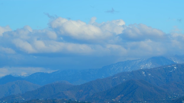 Des montagnes recouvertes de neige, des sommets enneigés sous un ciel bleu et des nuages en mouvement.
